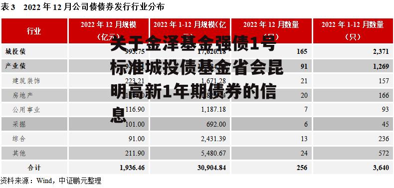 关于金泽基金强债1号标准城投债基金省会昆明高新1年期债券的信息