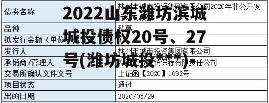 2022山东潍坊滨城城投债权20号、27号(潍坊城投违约)